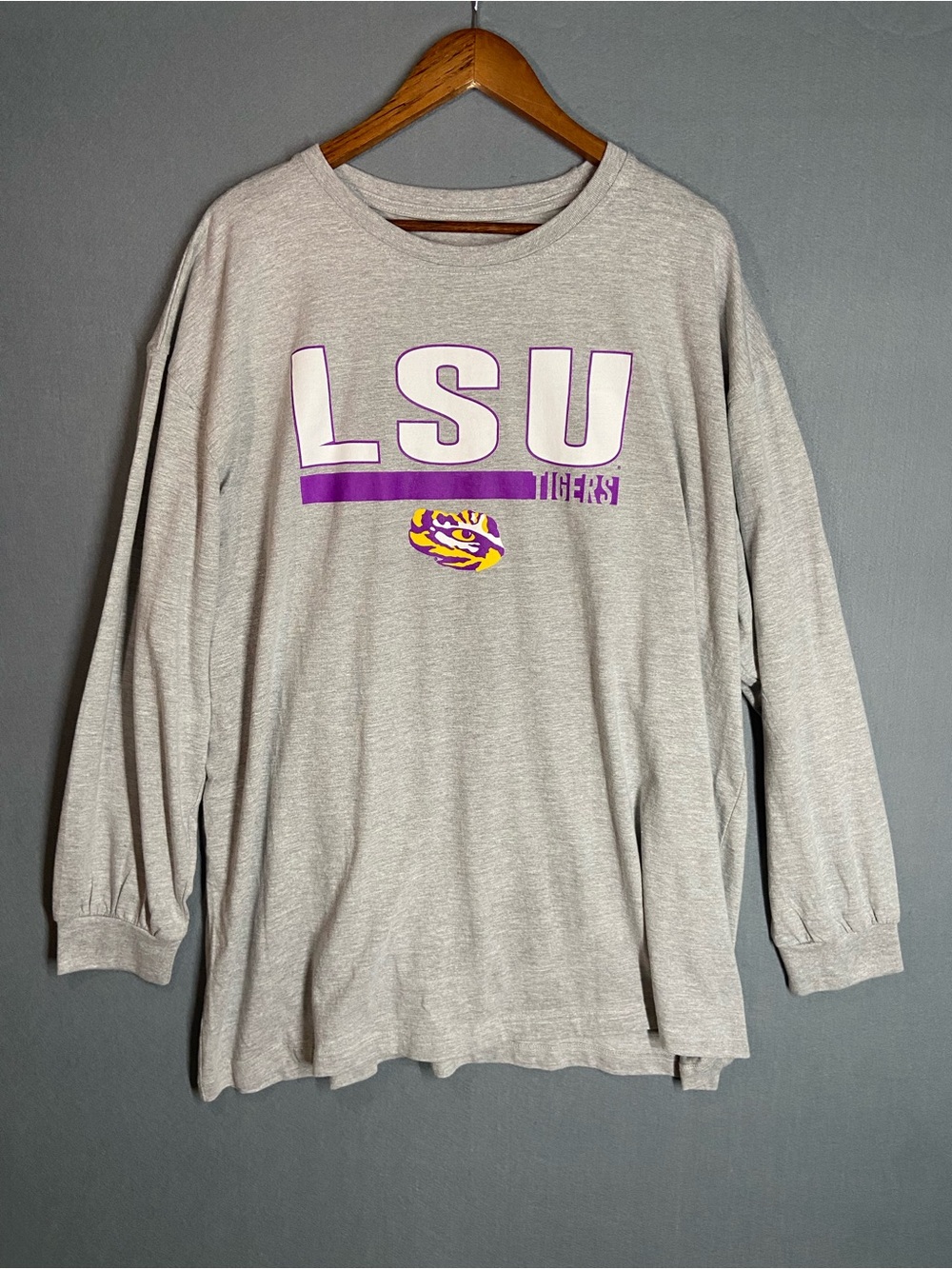 Varsity LSU Gray (4 Extra Big) Long Sleeve Tee with Purple & Gold Logo